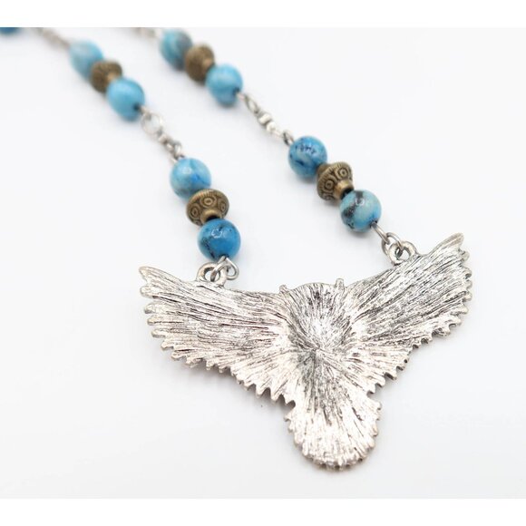 Flying Owl Silver Tone Beaded Pendant Necklace Faux Turquoise Station Boho - Picture 6 of 7